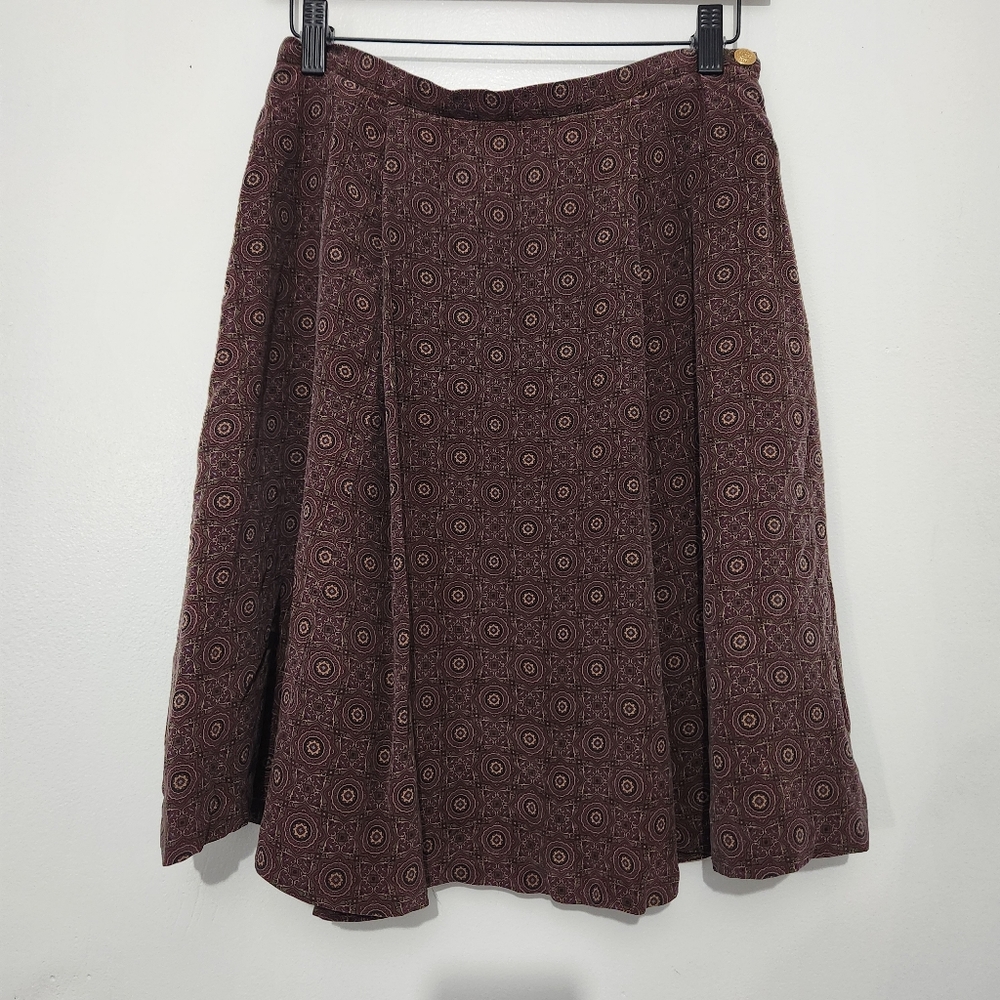 Vintage Liz Claiborne Skirt Womens 8 Brown 100% Silk Geometric A-Line Midi Fall